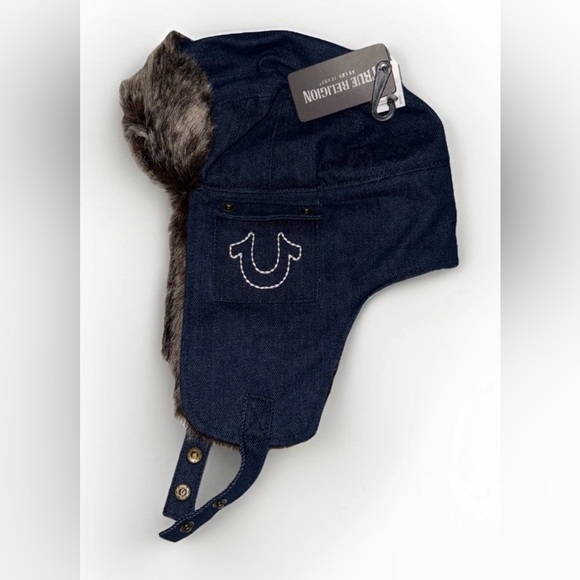 True Religion Blue Denim Trapper Hat with Faux Fur - Picture 3 of 14